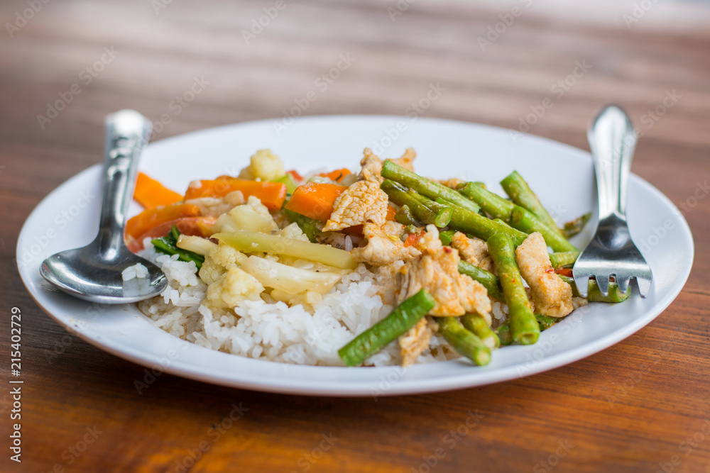 Stirred vegetables on jasmine rice Stirred vegetables on jasmine rice