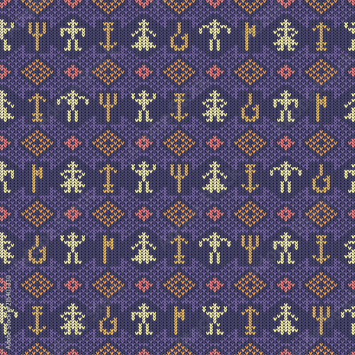Knitted woolen pattern with ethnic Norwegian ornament and small men and women
