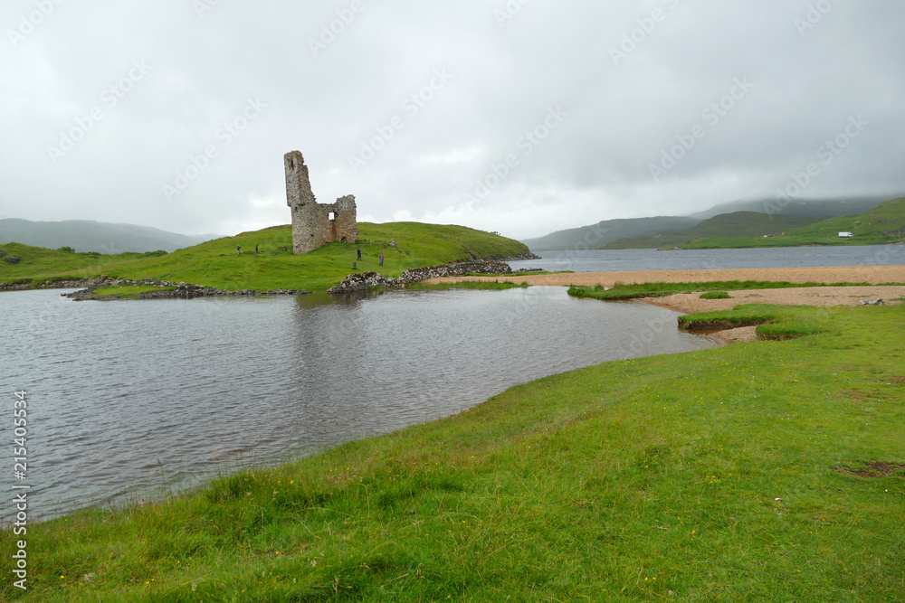 Ardvreck Castle, Scotland - July 28 2016: ruined castle dating from the 16th century