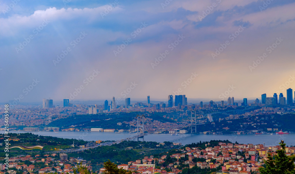 Camlica Hill in Istanbul, Turkey. Panoramic views of the Bosphorus Bridge in the rain