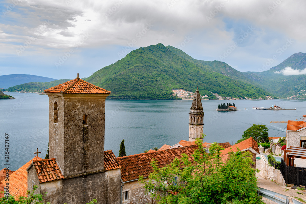Beautiful view on Perast, an old city on coastline of adriatic sea in Montenegro