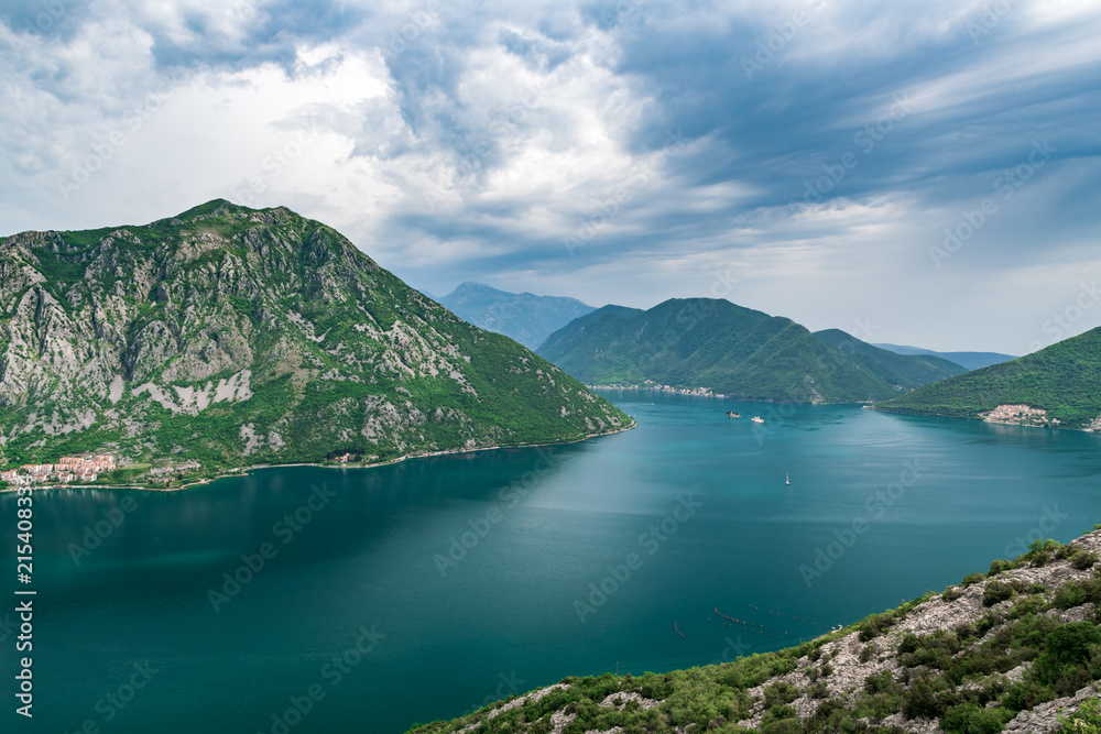 Famous Gospa-od-Shkrpjela from a bird's-eye view of the Boko-Kotor Bay in Montenegro
