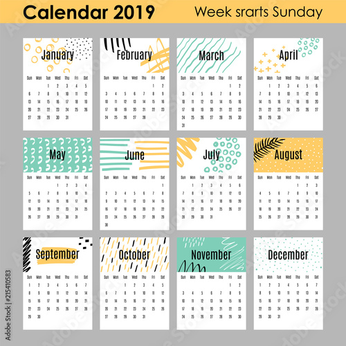 Modern creative calendar 2019. 12 design templates with hand drawn abstract textures. Monthly calendar. Vector clipart.