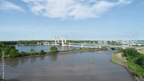 Aerial view of a white bridge in Portsmouth.