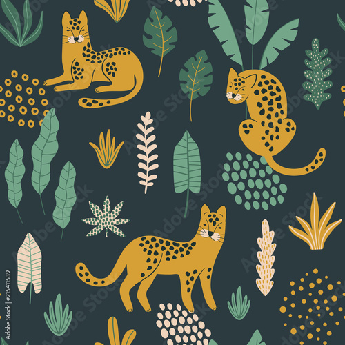 Cute seamless pattern with Leopards, exotic leaves and shapes . Hand drawn wallpaper. Vector design template. Good for print, fabric, wrapping paper , etc.