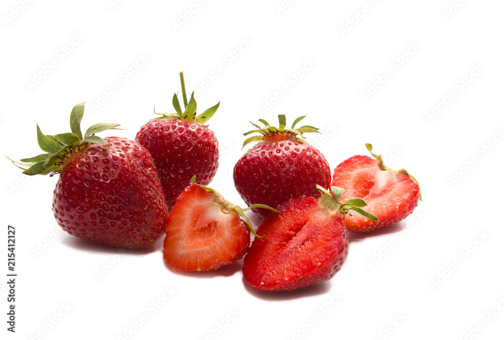 Strawberry with sliced half and leaves isolated on white background with clipping path. Strawberry whole and cut into halves. Close-up. Red strawberries. Strawberry with sliced half and leaves isolated on white background with clipping path. Strawberry whole and cut into halves. Close-up. Red strawberries.