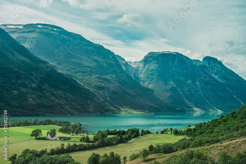 Green fjord in Norway with mountain and grass