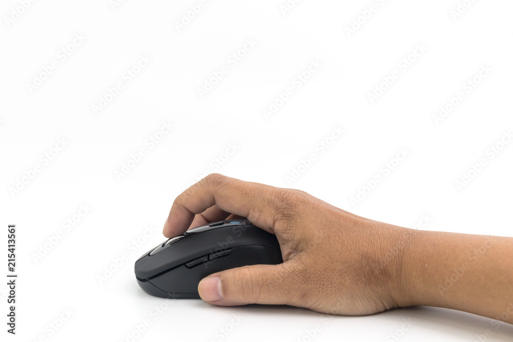 Hand of man is using the wireless mouse isolated on white background Hand of man is using the wireless mouse isolated on white background