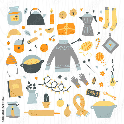 MobileAutumn and winter hygge elements for interior. Cute hygge objects collection