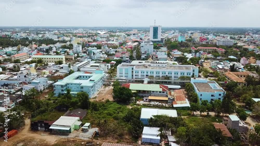 Aerial drone view flying over the densely populated province of Bac Lieu Vietnam Aerial drone view flying over the densely populated province of Bac Lieu Vietnam