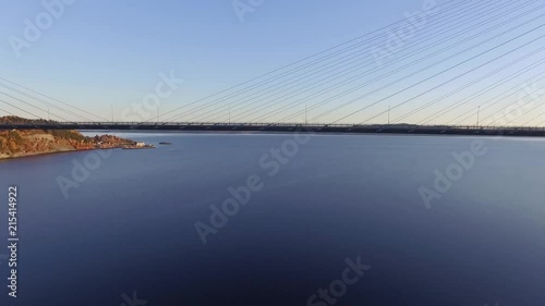 Aerial of large cable bridge in beautiful Norwegian landscape photo