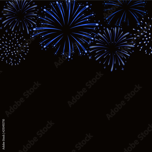 Firework sparkle background card. Beautiful bright fireworks isolated on black background. Light blue decoration fireworks for Christmas card, New Year celebration. Vector illustration