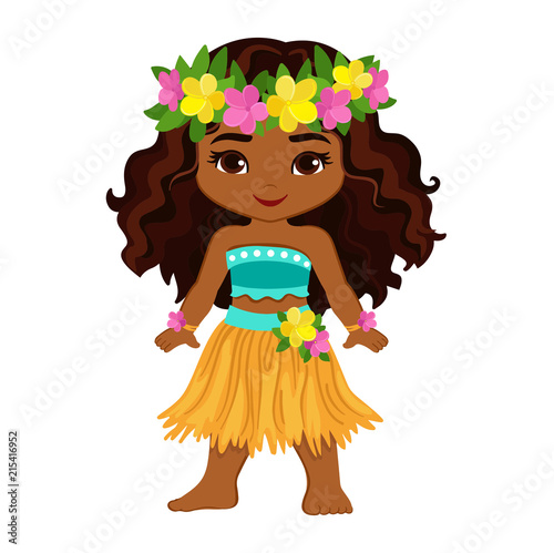 Cute cartoon girl in traditional Hawaiian dancer costume.