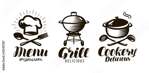 Cookery, grill, menu logo or label. Food concept. Lettering vector illustration