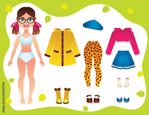 Vector colorful illustration of autumn wardrobe clothing for teen girl. Cute little girl with autumn season outfit for school. Fashionable girls clothes, hat, shoes with beautiful paper doll