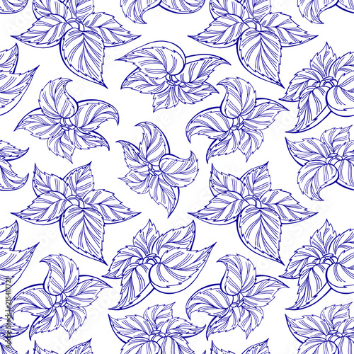 Beautiful blue silhouettes of tropical blossoms isolated on white background. Seamless flower pattern for decoration, invitation card, fashion textile print, exotic poster, natural banner © Tatsiana