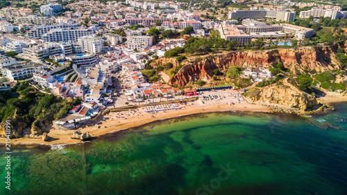 Aerial view of Algarve Beach. Beautiful Falesia beach from above in Portugal. Summer vocation in Portugal. photo