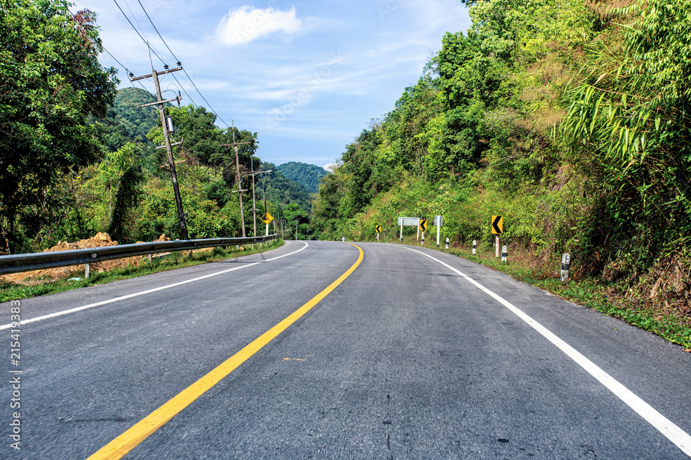 Country road in the mountains with forest