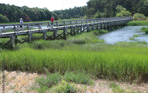 Distant man crosses a wooden bridge over a grassy meadow