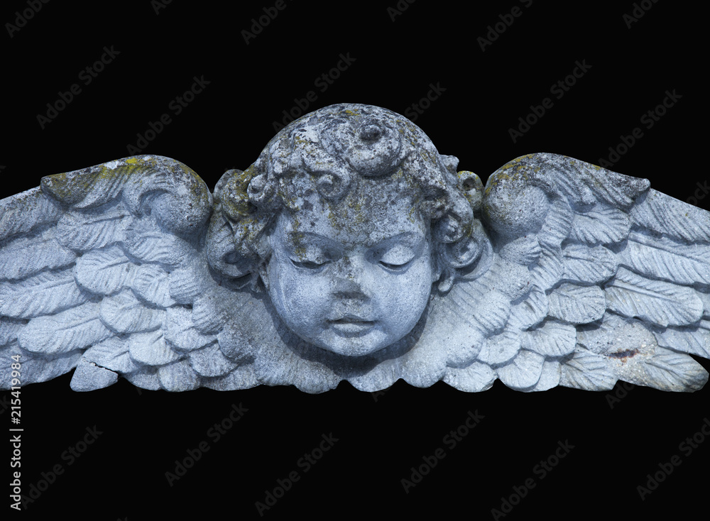 Fototapeta Close up of angel with wings. Vintage ancient stone statue, fragment.
