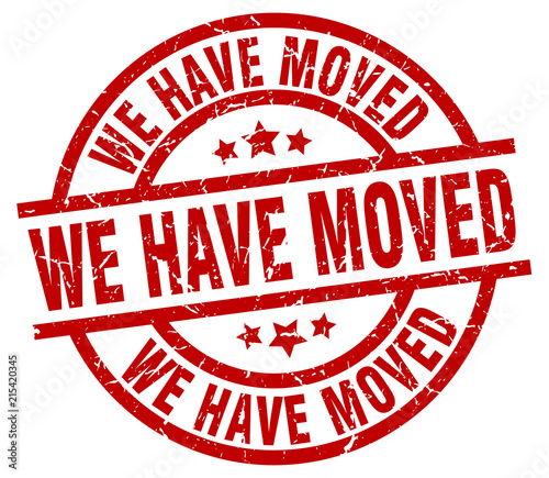 we have moved round red grunge stamp