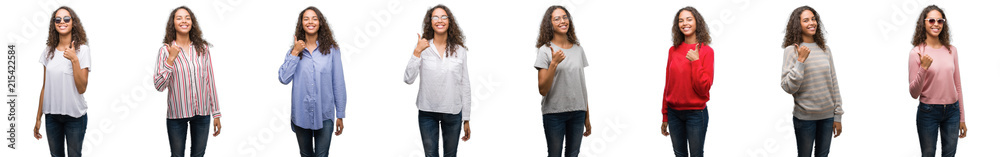 Composition of young brazilian woman isolated over white background doing happy thumbs up gesture with hand. Approving expression looking at the camera with showing success.
