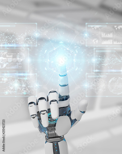 White cyborg hand using digital datas interface 3D rendering