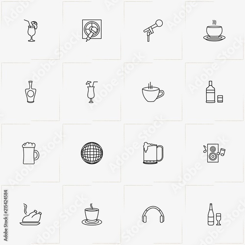 Bar line icon set with club ball, karaoke and vodka
