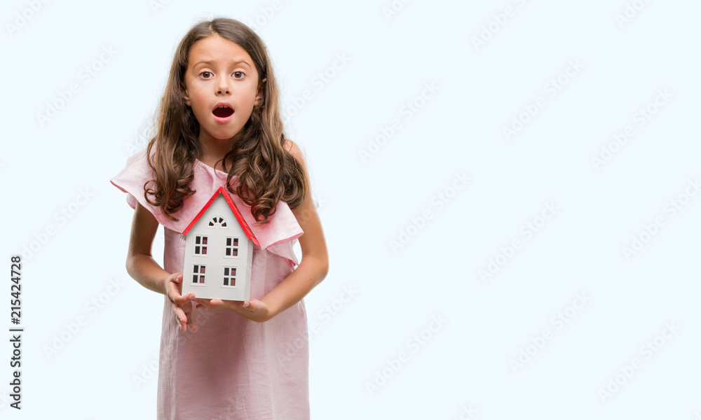 Brunette hispanic girl holding little house scared in shock with a surprise face, afraid and excited with fear expression Brunette hispanic girl holding little house scared in shock with a surprise face, afraid and excited with fear expression