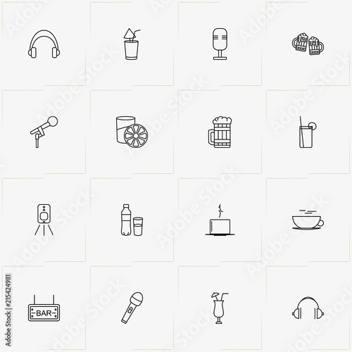 Bar line icon set with headphone, cocktail and beer