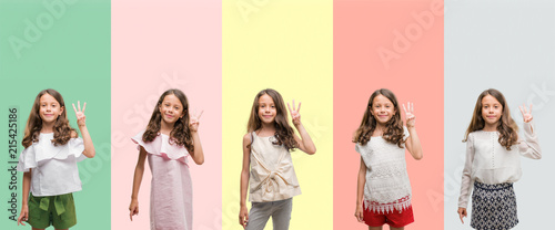 Collage of brunette hispanic girl wearing different outfits showing and pointing up with fingers number three while smiling confident and happy.