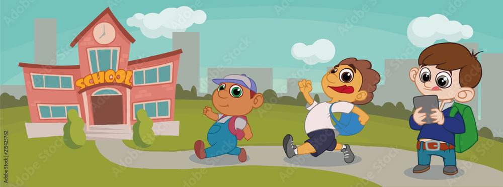 Fototapeta premium Group Of Pupils boy Mix Race going to school.vector illustration