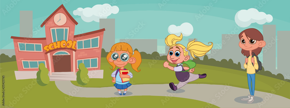 Group Of Pupils girl Mix Race going to school.vector illustration Group Of Pupils girl Mix Race going to school.vector illustration