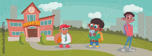 Group Of Pupils boy Mix Race going to school.vector illustration