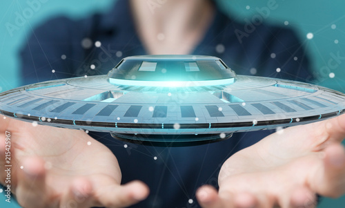 Fototapeta Naklejka Na Ścianę i Meble -  Businesswoman with retro UFO spaceship 3D rendering