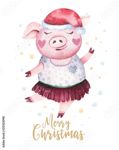 Watercolor cute Pig symbol 2019 illustration. Isolated funny cartoon ping animal Happy Chinese New Year piggy art. photo