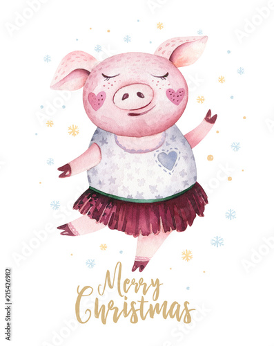 Watercolor cute Pig symbol 2019 illustration. Isolated funny cartoon ping animal Happy Chinese New Year piggy art. photo