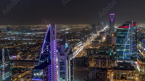 Riyadh, Oalya / Saudi Arabia – 19 10 2017:Saudi Arabia Riyadh landscape TimeLapse - Time-Lapse - Riyadh Tower Kingdom Centre - Kingdom Tower – Riyadh Skyline - Al-Mamlaka – AlMamlakah – Riyad at Night photo