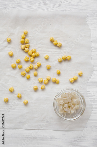Peeled chickpeas for hummus prep  view from above. Flat lay  overhead.
