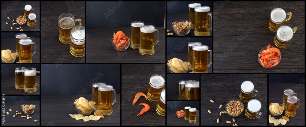 banner for website, Collage from photos of beer and snacks on the dark table, Food collage of beer .