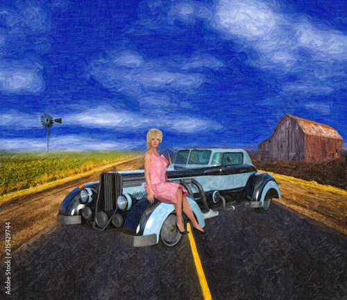 Painting Style Illustration of 1930s Retro Americana Scene