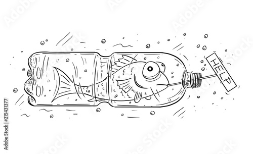 Cartoon drawing conceptual illustration of fish trapped in PET or plastic bottle and holding help sign. Concept of environmental and water pollution.