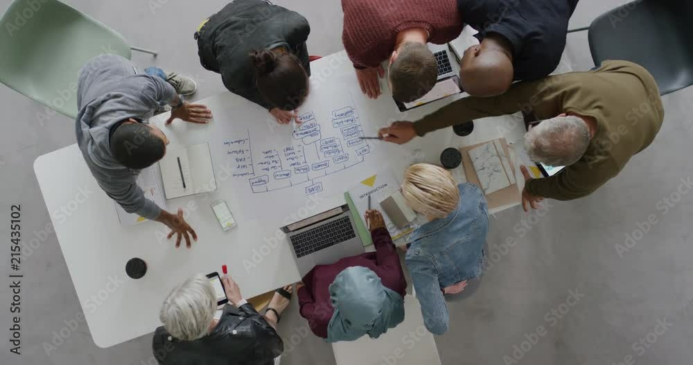 diverse team of web developers brainstorming ideas for startup business website planning design layout in modern office workplace above view
