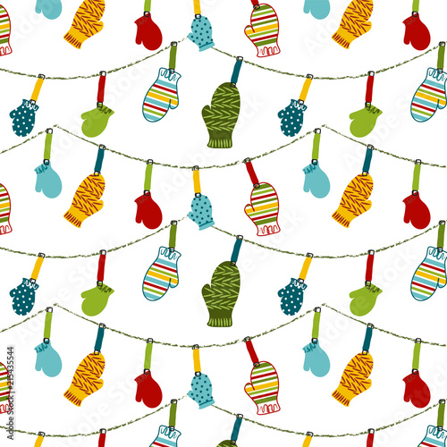 Hanging mittens seamless pattern. Repeating pattern for holiday cards, gift wrap, decorations and more. Whimsical, cute Christmas print.