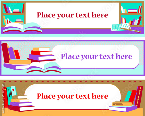 Set of banners with books and book shelves 
