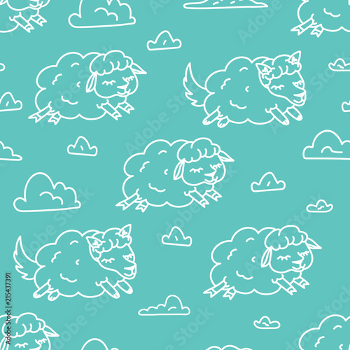 Insomnia Good night sleep pattern vector illustration of Night sky cute fluffy cartoon sheep animals pattern children design on blue background, wolf in sheep clothes