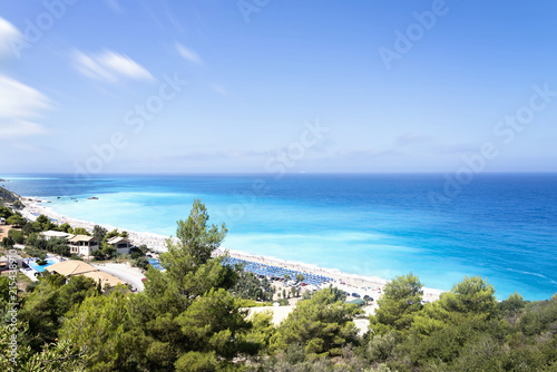 beautiful view on a large popular beach Kathisma on Greek island Lefkada