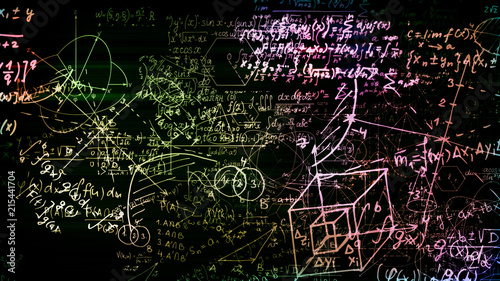 3D rendering of abstract blocks of mathematical formulas located in the virtual space