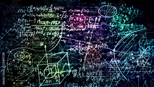 3D rendering of abstract blocks of mathematical formulas located in the virtual space