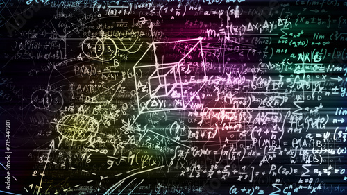 3D rendering of abstract blocks of mathematical formulas located in the virtual space